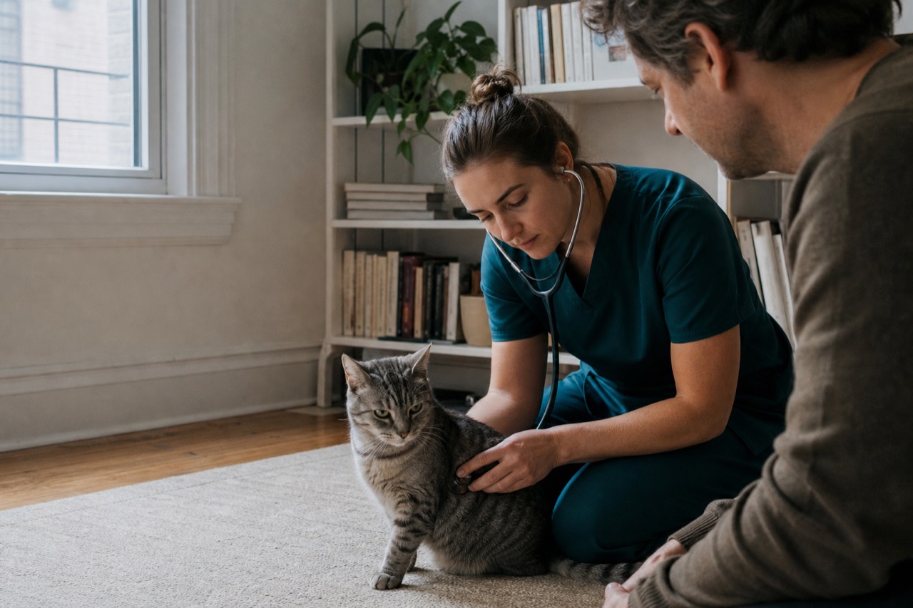 A veterinarian examines a cat during a calm home visit